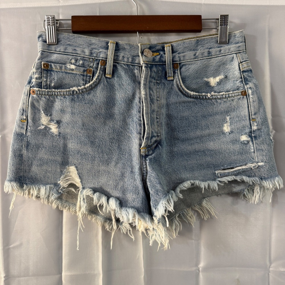 Agolde Parker High Rise Distressed Denim booty shorty Shorts Light Wash Blue 24
